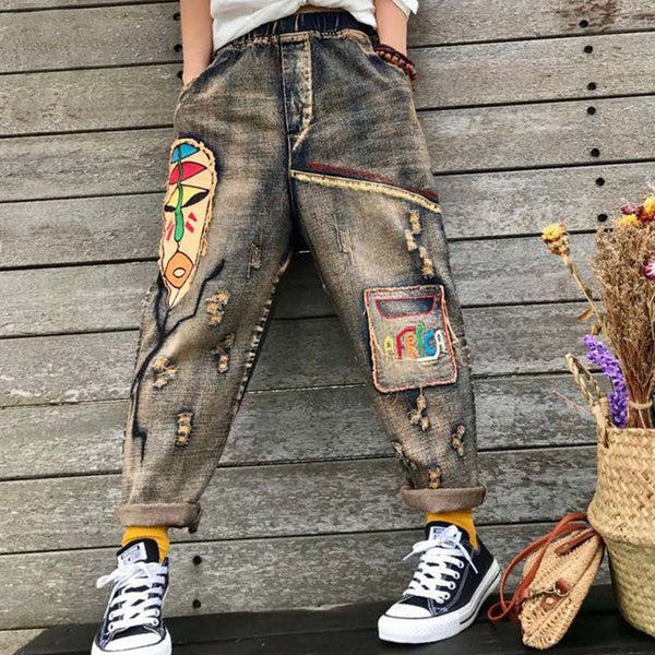 Jeans Denim Pants Trousers Loose for Women Embroidery Faces Big Size Oversized Retro Vintage Fashion Casual American 180018