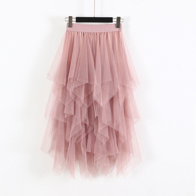 Elastic High Waist Skirts Women Solid Irregular Mesh Tulle Skirts Elegant A-Line Long Skirt Ladies Summer Autumn Skirt