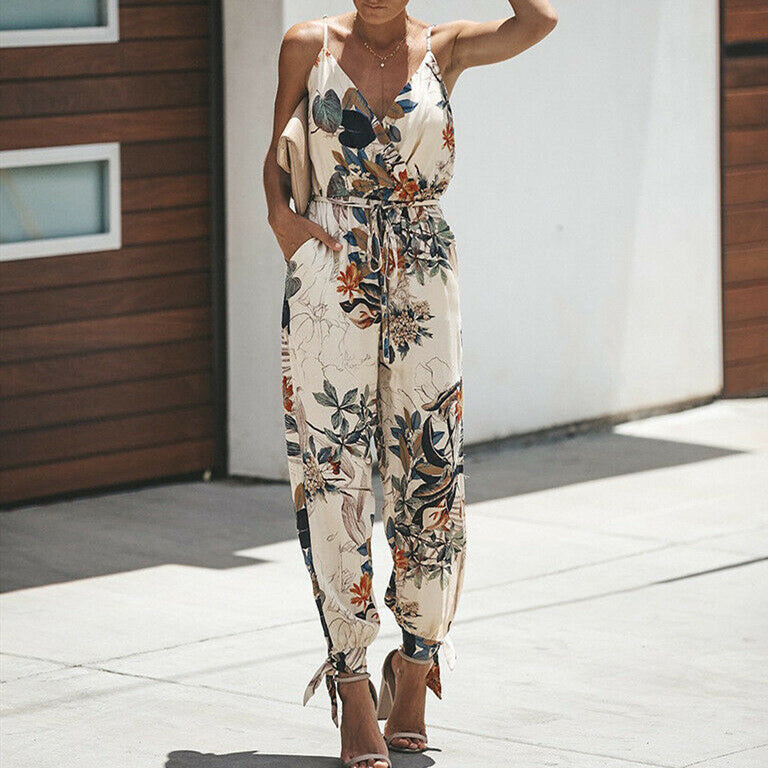 2019 Summer Women Holiday Casual Sleeveless Jumpsuits Fashion Ladies Boho Floral Bodysuit Wide Leg Loose Long Pants Trousers