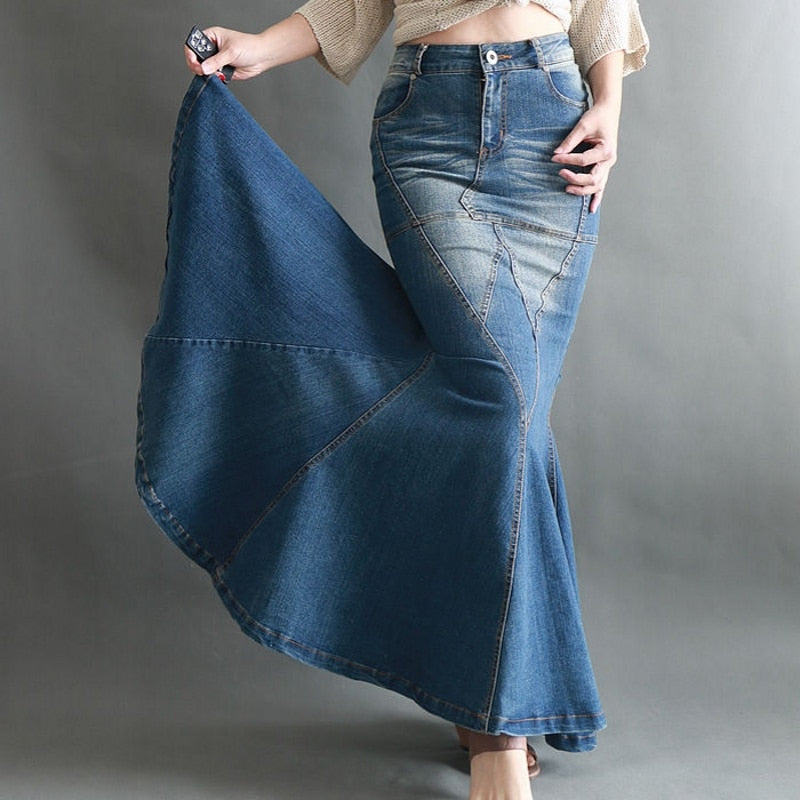 Big Fish Tail Denim Skirt Women Long Skirt Floor-Length Patchwork Mermaid Trumpet Empire High Waist Jeans Stretchy J92792