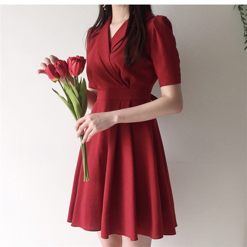 new Girls Summer Dress Women OL Casual Short Sleeve Dresses Female Dress Collar Solid red pink dress Boho Robe Femme Vestido