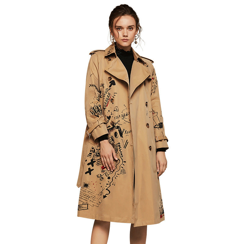 WQJGR 2019 Autumn And Winter Trench Coat Women Long Sleeve Printing Windbreaker Trench Femme