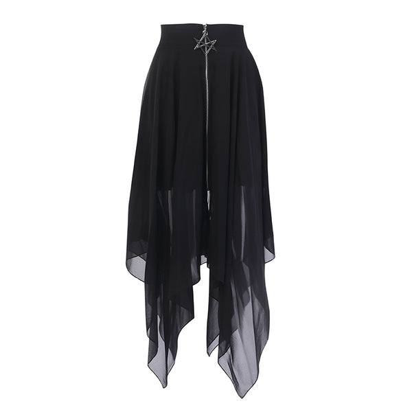 Summer Mesh Irregular Women Skirts Pentagram Zipper Black Punk Skirts Gothic Darkness Lady Skirt Casual Loose Streetwear Skirts