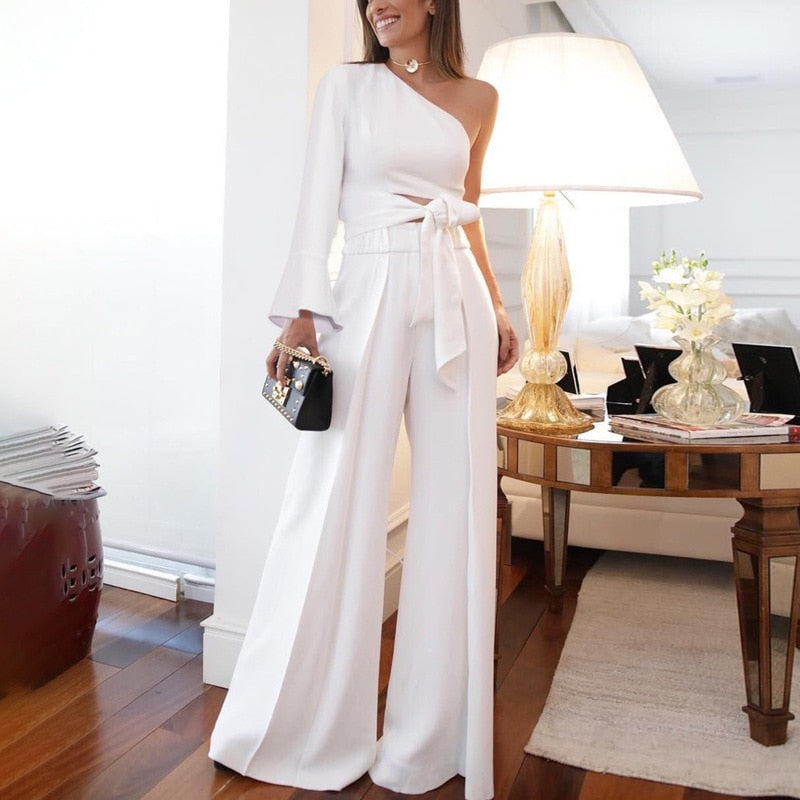 Elegant Overalls For Women 2019 One Piece Suit Rompers Womens Jumpsuit White Casual Wide Leg Jumpsuits One Shoulder Combinaison