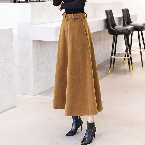 NORMOV 2019 Fashion Winter Women's Wool Skirts With Belt Solid Color Vintage Woolen Skirt Female Streetwear Casual Long 4 Color