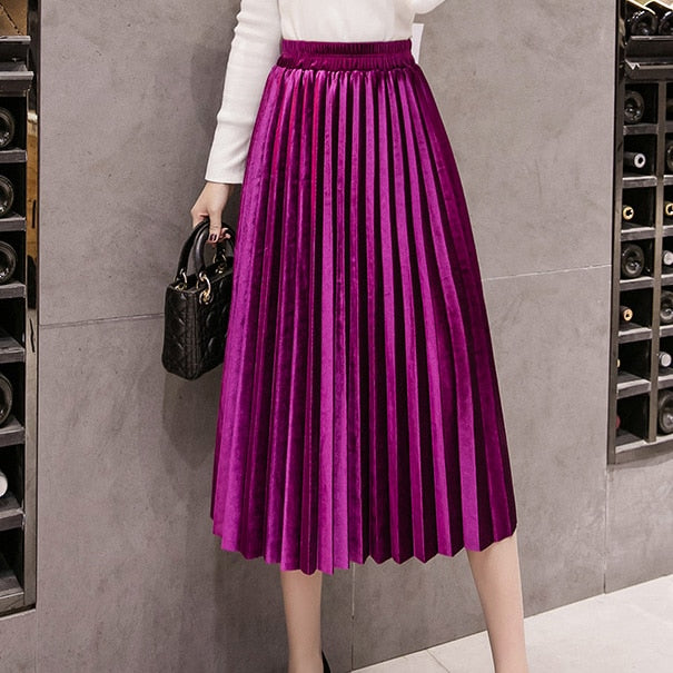 2019 Autumn Winter Velvet Skirt High Waisted Skinny Large Swing Long Pleated Skirts Metallic Plus Size Faldas Saia Fashion Femal