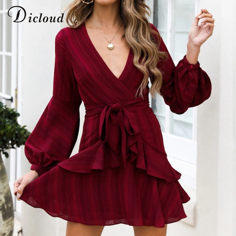 DICLOUD Sexy Plunge V Neck Women Ruffle Dress Autumn Vintage Red Long Sleeve A-line Mini Party Dresses Winter Elegant Clothing