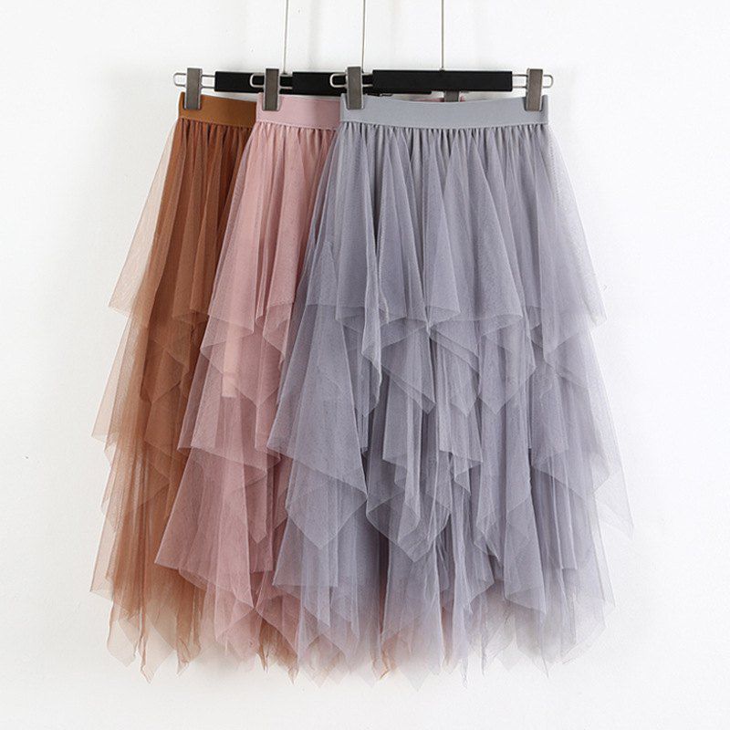 Fashion 2019 Spring Party Skirt Elastic High Waist Long Tulle Skirt Women Irregular Hem Mesh Tutu Skirt Ladies