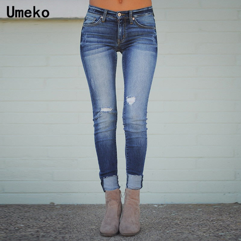 Umeko Blue Denim Skinny Jeans Women High Waist Distressed Jeans for Women Fashion Long Pants Autumn Casual Stretch Trousers