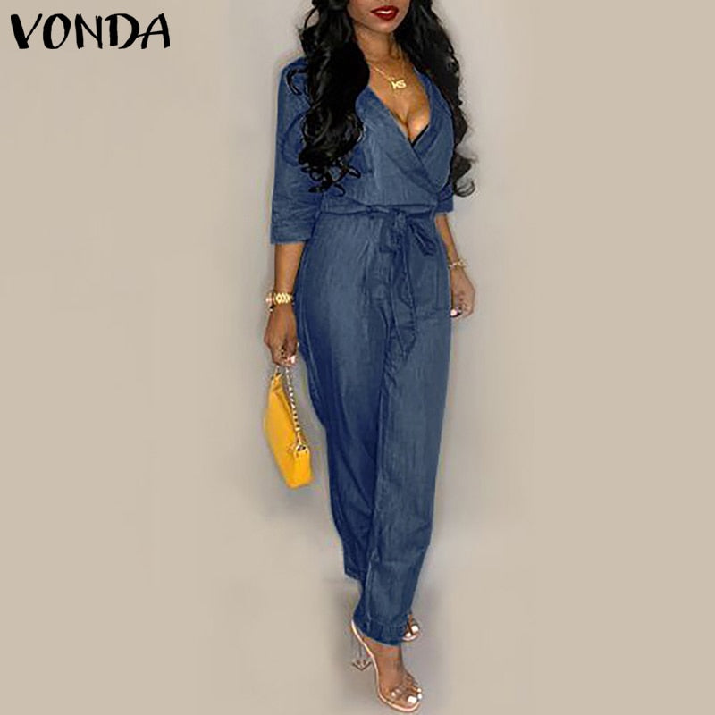 VONDA Denim Rompers Womens Jumpsuit 2019 Summer Sexy V Neck Playsuit Plus Size Pants Casual Loose Overalls Femme 2019 Oversize