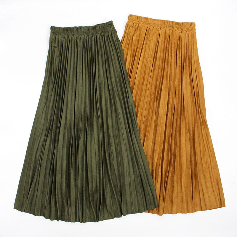 Autumn Winter Women Long Skirt Jupe Longue Suede Pleated Skirts a Line Maxi Khaki Skirt Elastic Waist Jupe Plissee Femme