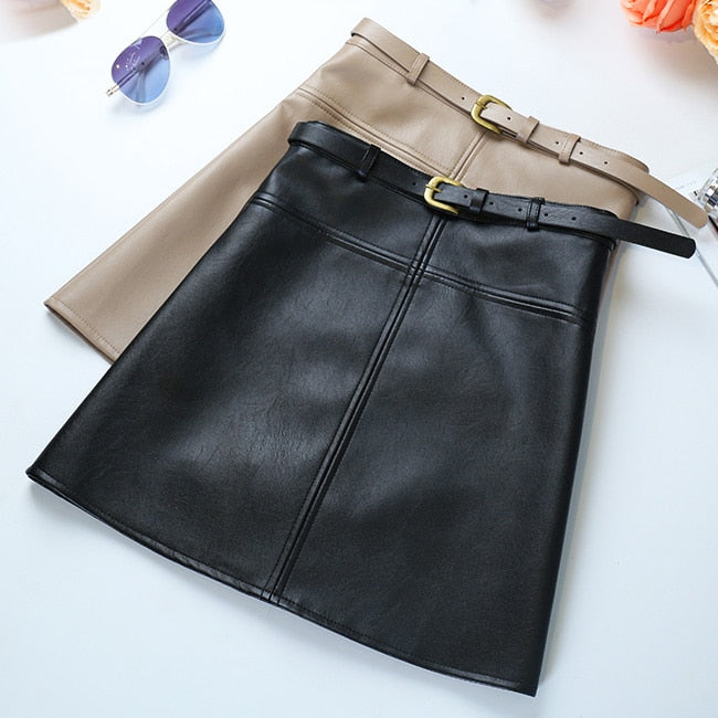 Winter A-Line PU Leather Skirt For Women High Waist Office Wear Skirts Plus Size Female Skirt with Belt