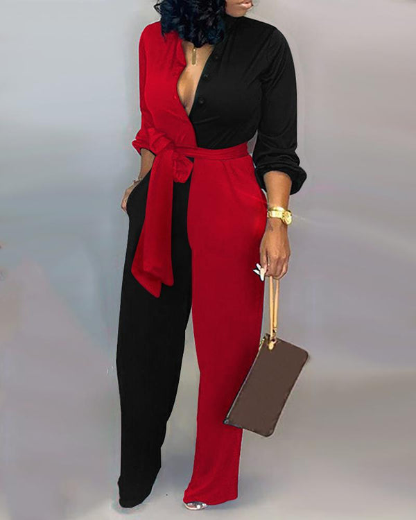 Colorblock Insert Buttoned Lantern Sleeve Jumpsuit Women Long Sleeves Deep V Neck Winter Autumn Patchwork Outfits Plus Size