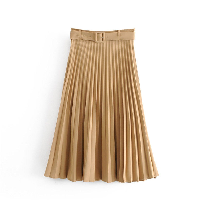 New Women fashion belt solid color pleated midi skirt faldas mujer ladies side zipper vestidos retro casual slim skirts QUN481