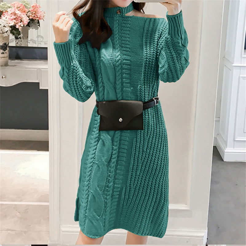 Fashion Autumn Knitted Dress Women Sweater Dresses Woman High Street Sweater Dress with Belt Woman Sweaters Split Thick Dresses