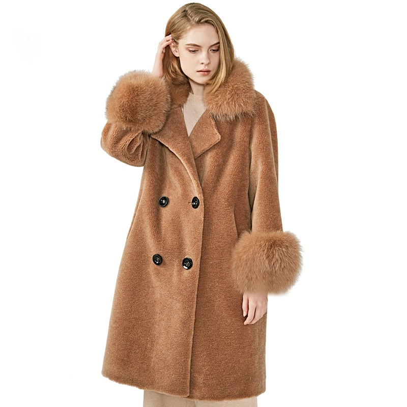 Real Sheep Fur Coat Long Style Camel Wool Coat Oversized Winter Women Fox Fur Coats