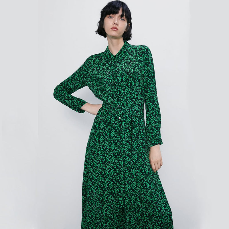 Trendy 2019 Summer/Autumn ZA Printing Dress Women Long Bohemian Korean Green Print Dress Friends/Girls Gifts Beach Party Newest