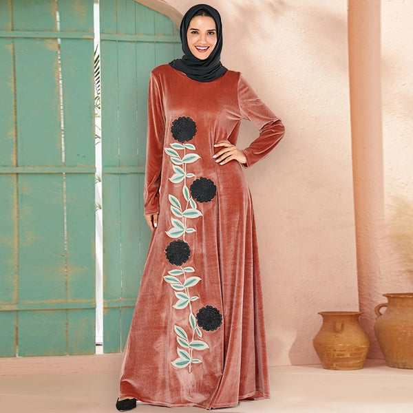 Siskakia Plus Size Long Dress Winter 2019 Velvet Embroidery Casual Muslim Dresses O Neck Long Sleeve Arabian Wears Thick Pink