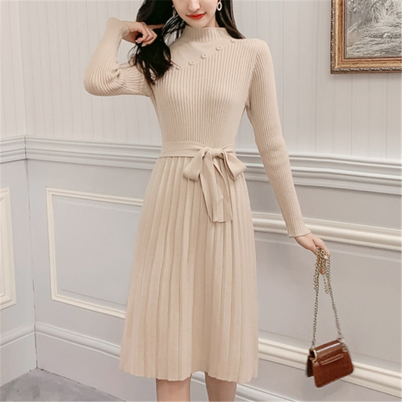 Fashion Sweater Dress Women Knitted Dresses Korean Woman Stretch Sweater Dress Elegant Woman Pullovers Sweaters Pleated Dresses