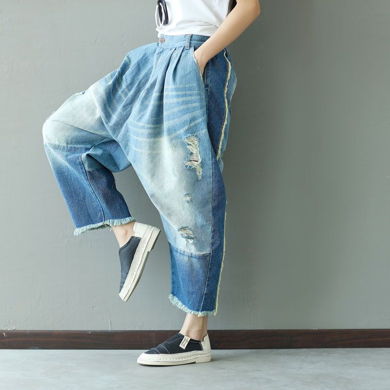 2017 New Casual Boyfriend Harem jeans women Spliced Ankle-length Drop Crotch pants Hippie Punk ripped Boho Cross Pants G060601