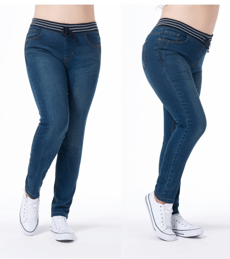 TUHAO Jeans Woman Large Size Women Plus Size Jenas 5XL 6XL 7XL Pencil Pants Elastic Waist Casual Trousers Cotton Blue PT25