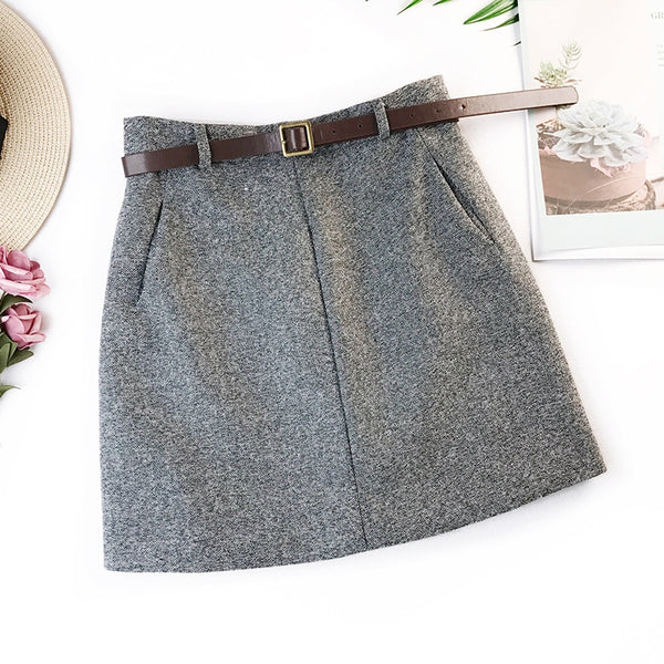 2019 Spring New Arrival Vintage Temperament High Waist A-line Office Skirts Womens With Belt Woolen Mini Skirt Free Shipping