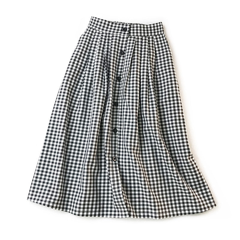 Women Classic Vintage Midi Skirts 2019 New Spring Summer Fashion Plaid Skirt Female A Line Single Breasted Skirt Faldas Mujer