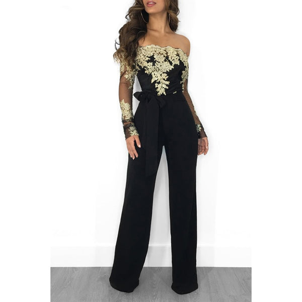 Appliques Lace Patchwork Jumpsuit Women Sexy Off Shoulder Slash Neck Long Sleeve Women Jumpsuit Elegant Slim Wide Leg Jumpsuit